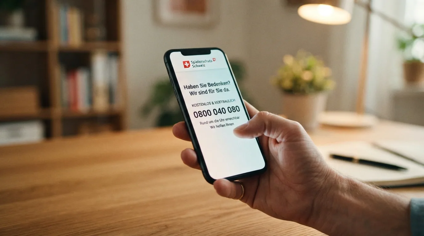 Eine stilisierte Schutzhand, die ein Smartphone mit Casino-App umschliesst, im Hintergrund eine Helpline-Nummer
