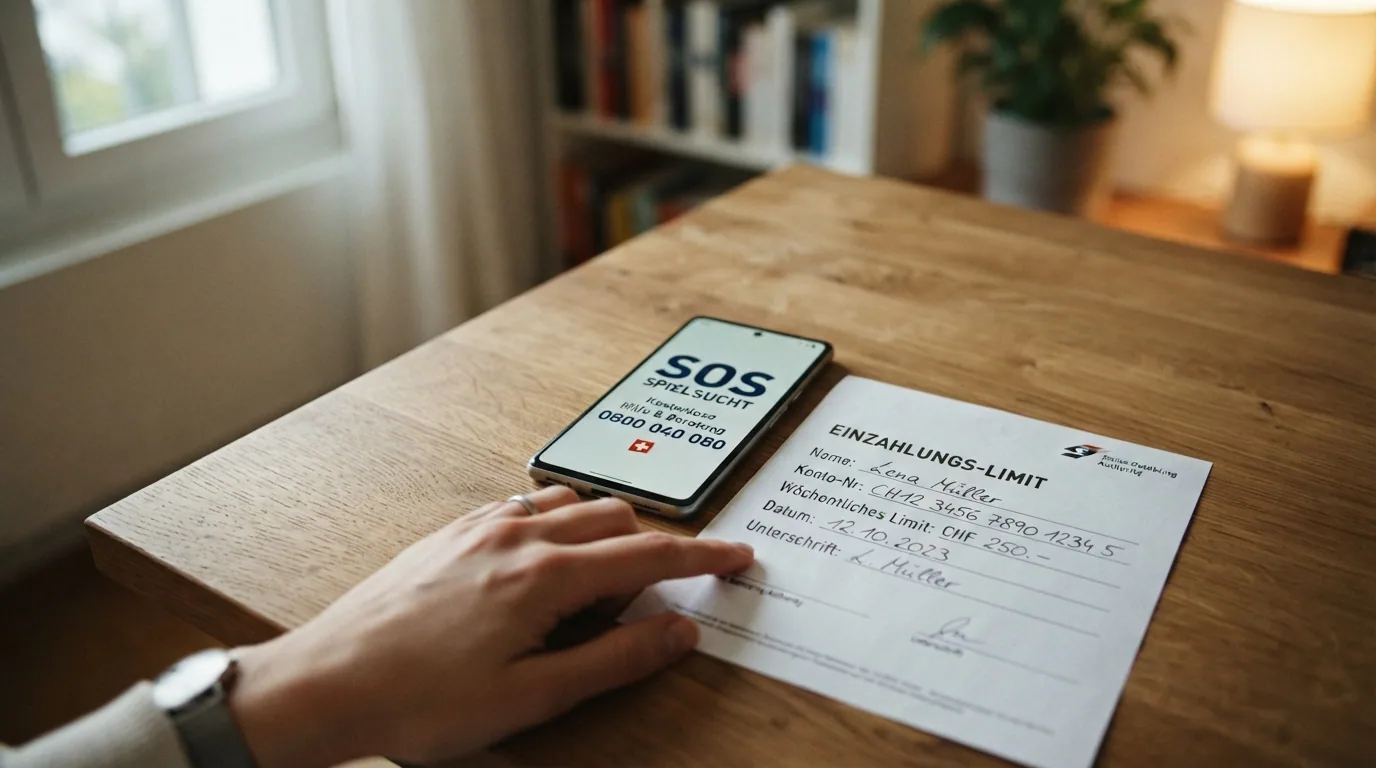 Ein Smartphone mit geöffneter SOS-Spielsucht-Seite und der Nummer 0800 040 080, daneben ein ausgefülltes Einzahlungslimit-Formular