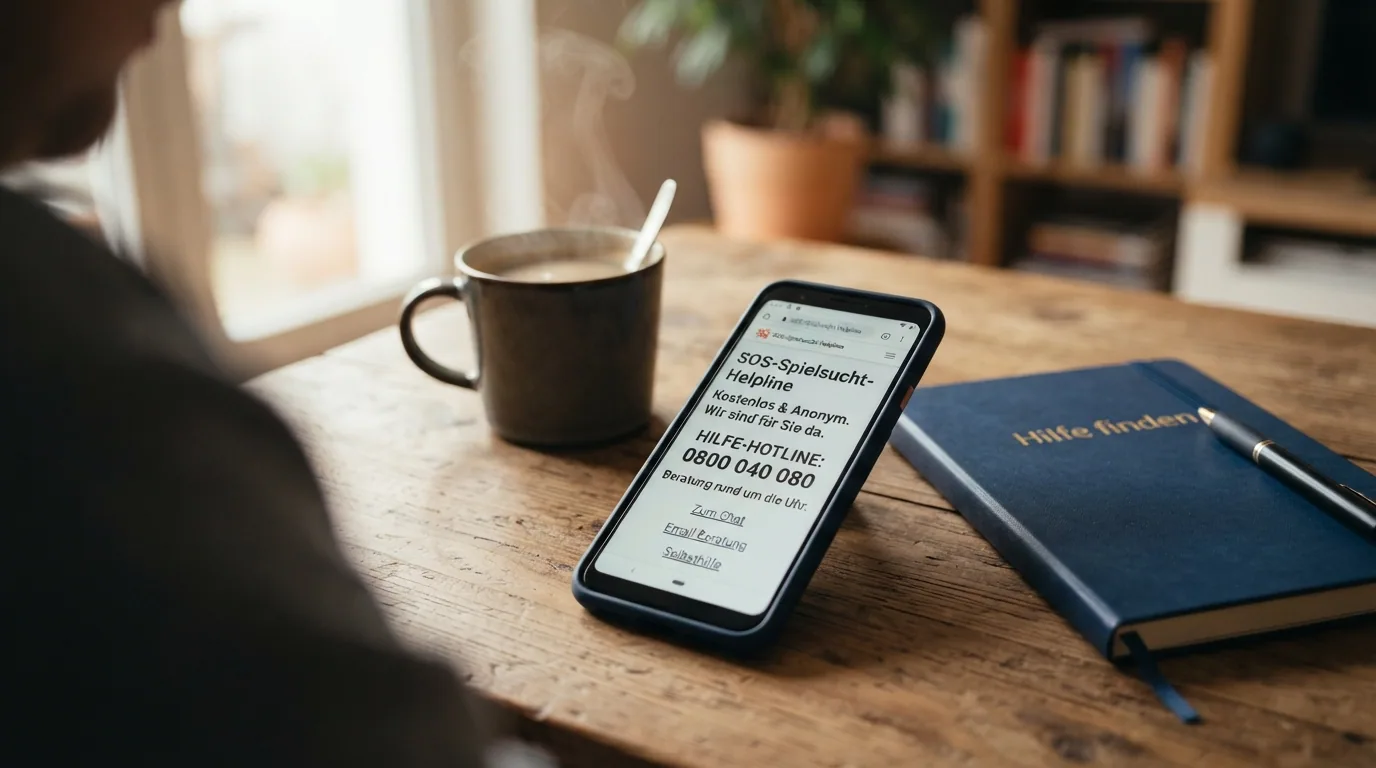 Ein Smartphone mit geöffneter SOS-Spielsucht-Webseite und der Nummer 0800 040 080 auf dem Display, daneben eine Tasse Kaffee