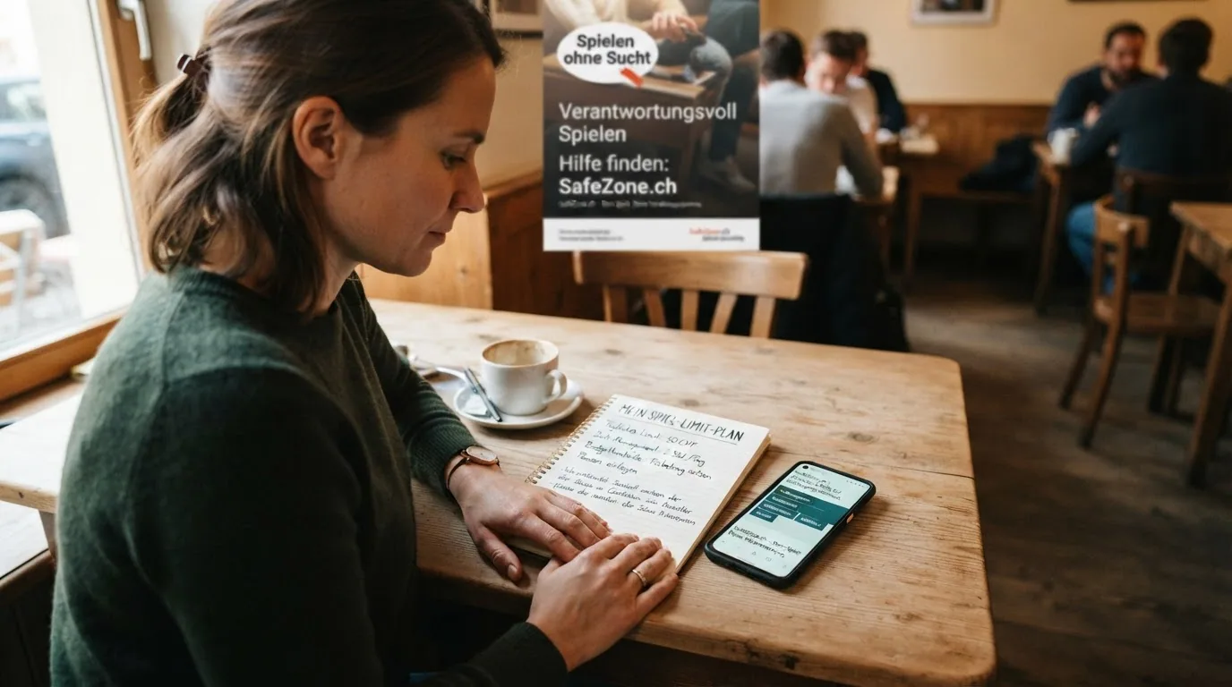 Plakat der Kampagne «Spielen ohne Sucht» mit Helpline-Nummer, daneben ein Bildschirm mit der SafeZone-Startseite