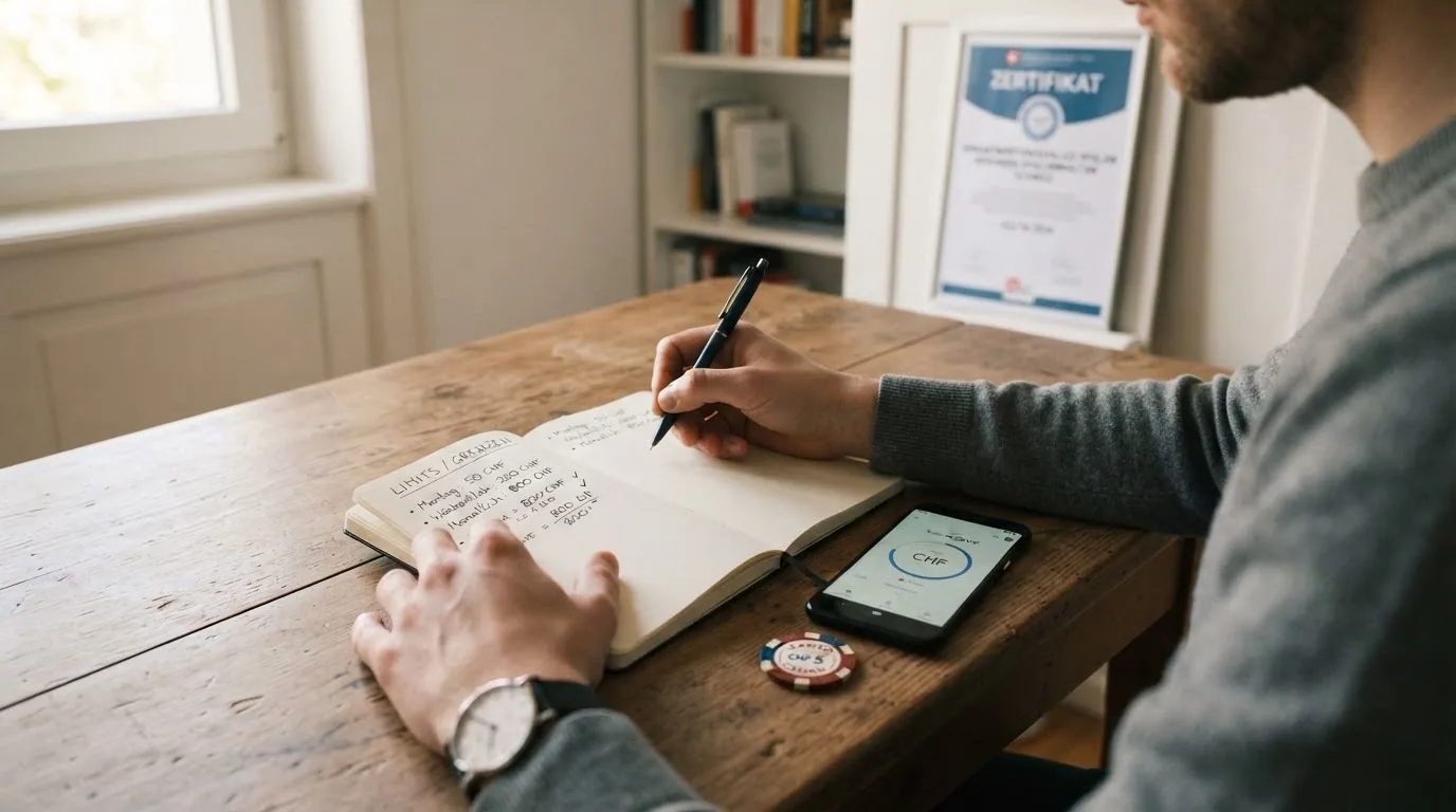 Eine Person am Laptop, daneben ein geöffnetes Notizbuch mit handschriftlich notierten Limits — ruhige, kontrollierte Atmosphäre