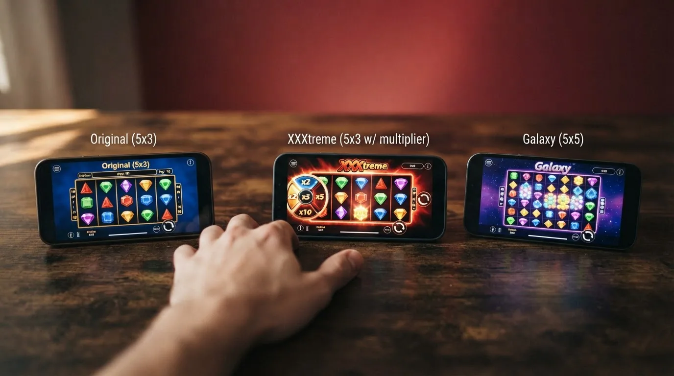 Drei Spielbildschirme der Starburst-Varianten nebeneinander: das klassische 5×3-Raster (Original), das intensivere 5×3 mit Multiplikator-Anzeige (XXXtreme) und das grössere 5×5-Gitter (Galaxy)