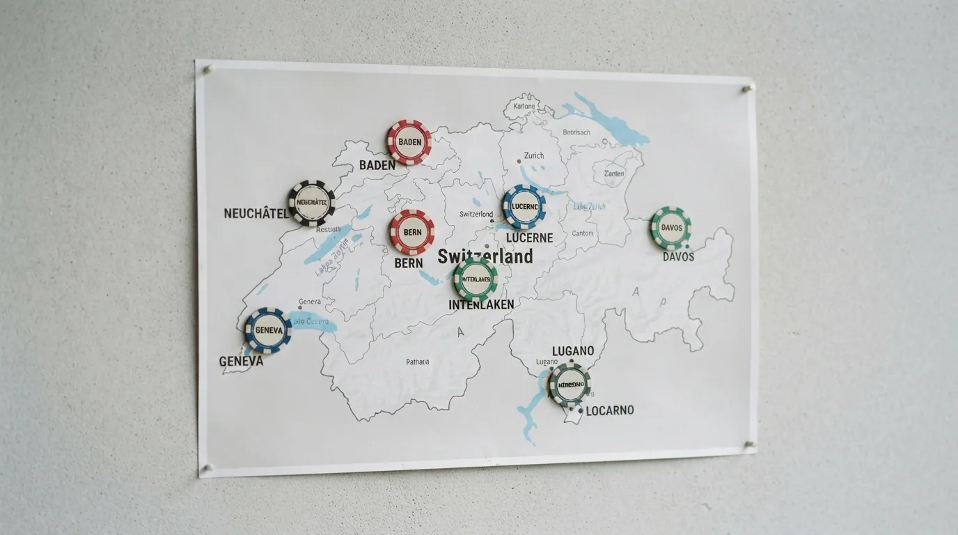 Zehn nebeneinander aufgereihte Casino-Logos auf einer Schweizer Landkarte, jedes mit einer farbigen Markierung für seinen Standort