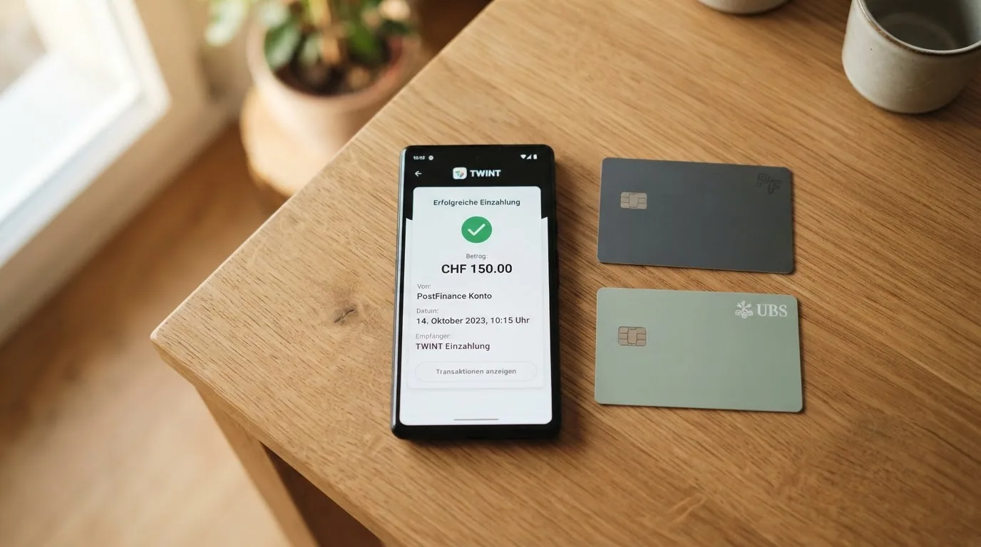 Ein Schweizer Smartphone mit geöffneter TWINT-App und einer Kreditkarte und PostFinance-Karte daneben auf einem Tisch