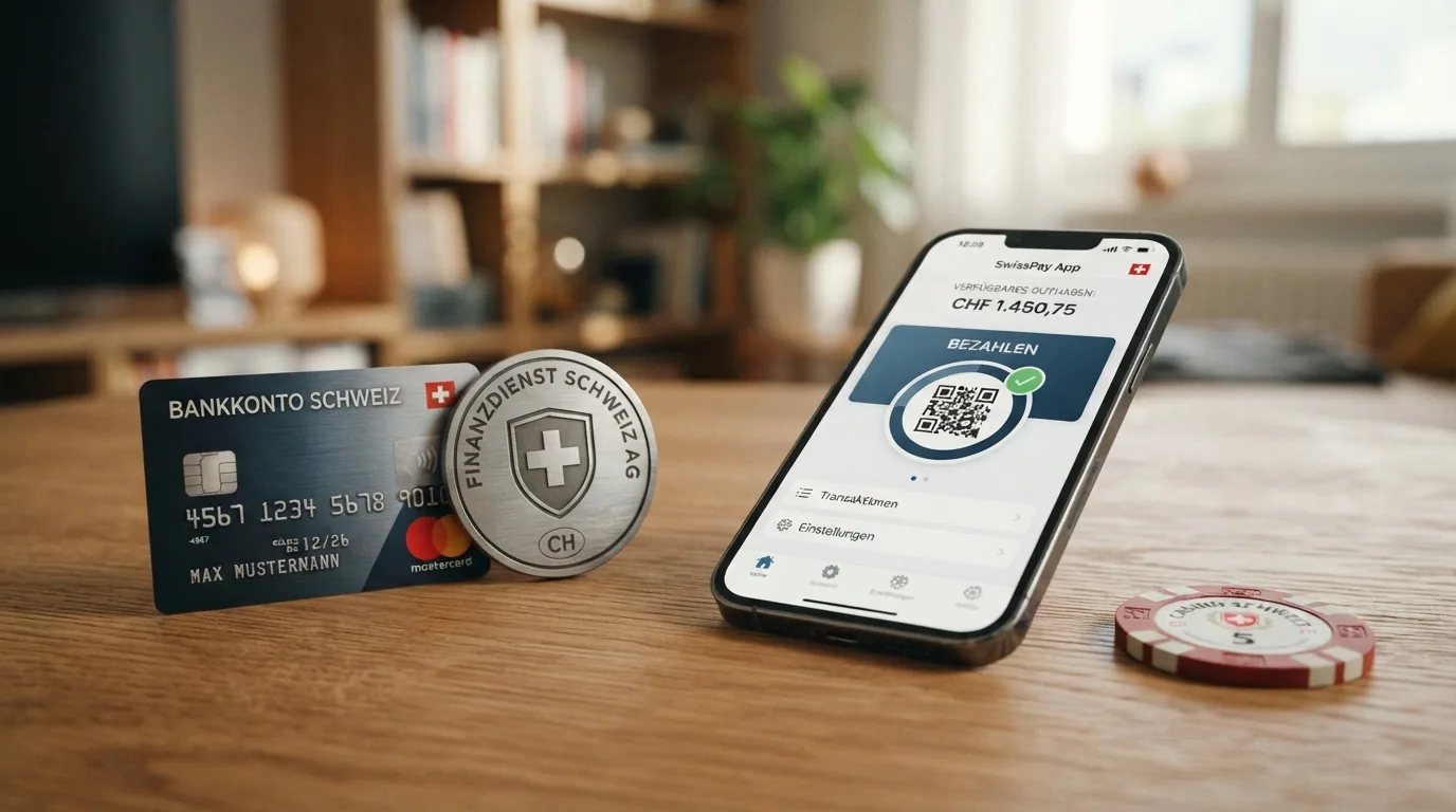 Ein Smartphone mit geöffneter TWINT-App neben einer Kreditkarte und einem PostFinance-Logo auf einem Tisch