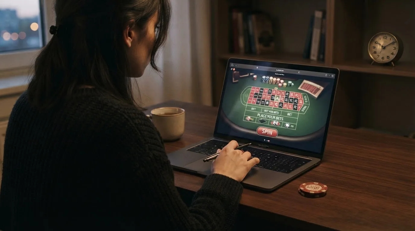 Ein Spieler an einem aufgeräumten Schreibtisch vor dem Laptop, der entspannt eine Entscheidung trifft — im Bildhintergrund eine gut sichtbare Uhr als Symbol für gesetzte Zeitlimits