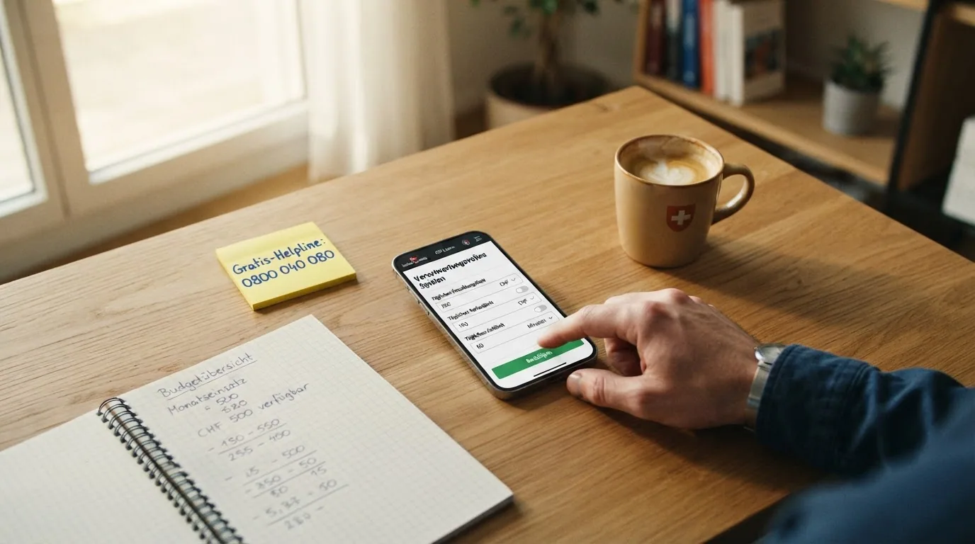 Ein Smartphone-Bildschirm mit geöffnetem Limit-Einstellungsmenü eines Schweizer Casinos, daneben die Helpline-Nummer 0800 040 080 gut lesbar