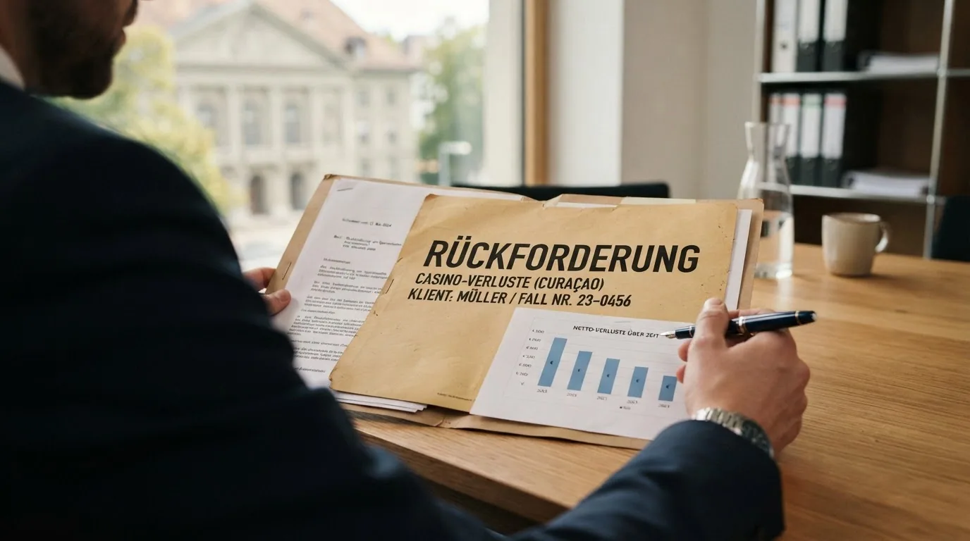 Ein Aktenordner mit der Aufschrift «Rückforderung» auf einem Schreibtisch, im Hintergrund die Umrisse eines Schweizer Gerichtsgebäudes