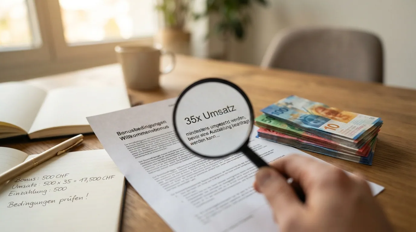 Ein Stapel Schweizer Franken-Noten neben einer Lupe, die auf ein Kleingedrucktes mit «35x Umsatz» zeigt