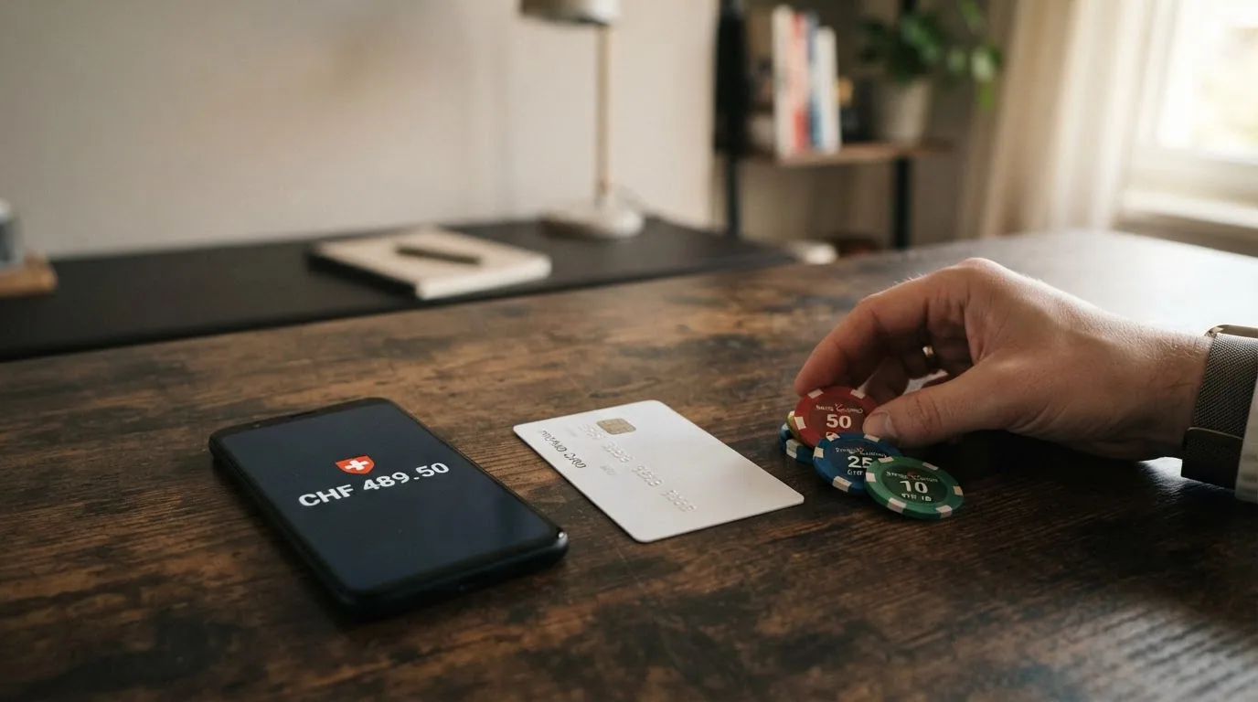 Übersicht verschiedener Zahlungsmittel — Kreditkarte, Krypto-Wallet, Paysafecard — vor einer Schweizer Landkarte