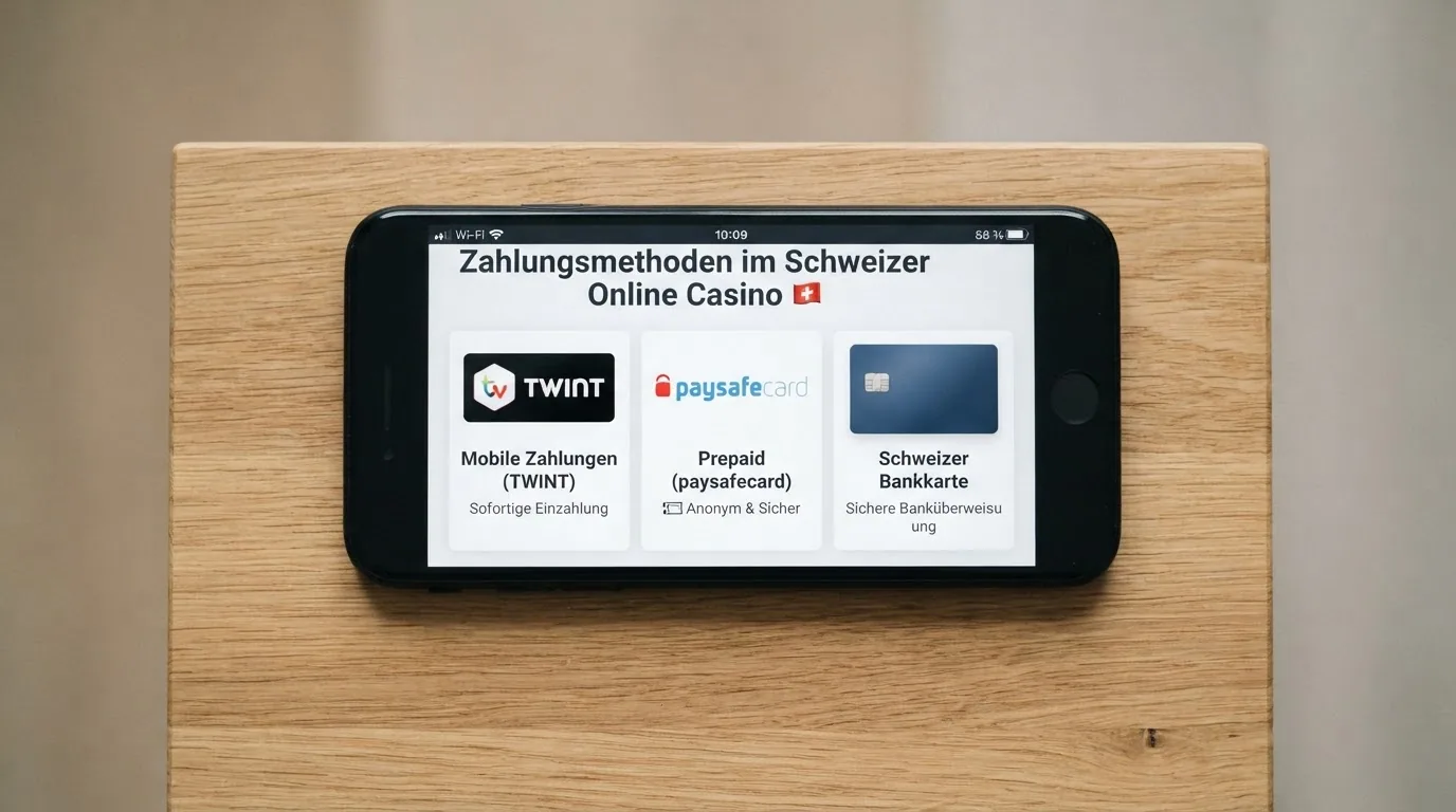 TWINT-Logo, paysafecard-Karte und Schweizer Bankkarte nebeneinander auf einem Smartphone-Bildschirm