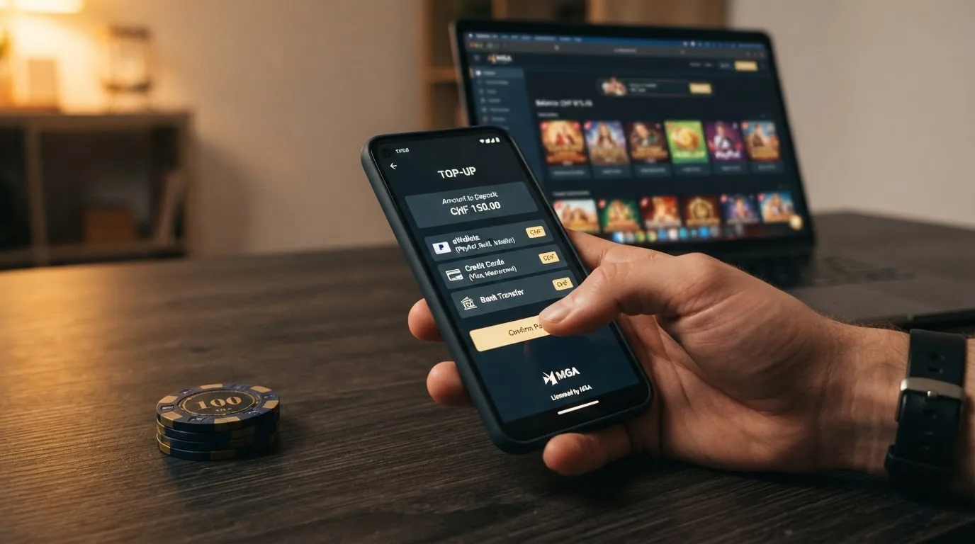 Übersicht der Zahlungswege als Flussdiagramm: Einzahlung (E-Wallets, Kreditkarten, Bank) → Casino-Konto → Auszahlung (E-Wallets, Bank) — mit Zeitangaben pro Schritt