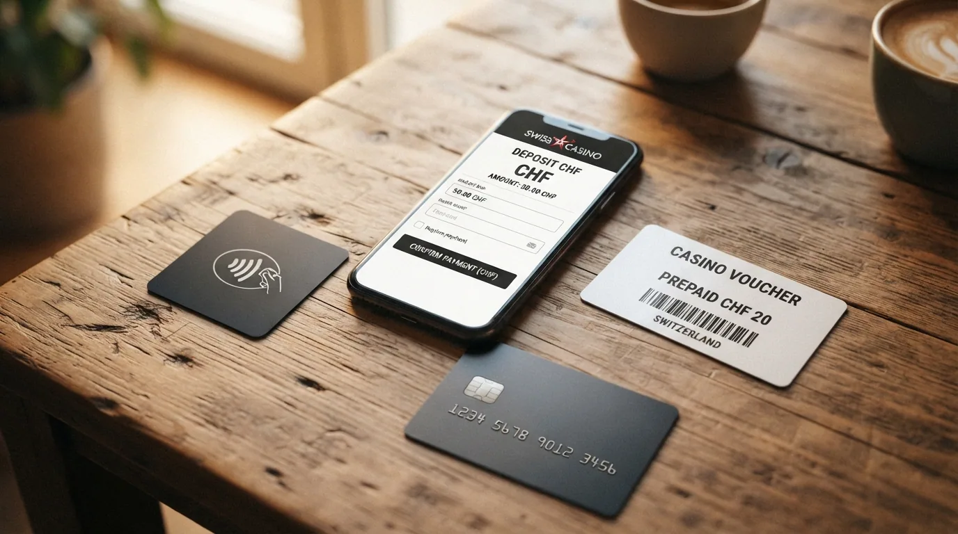 TWINT-Logo und CHF-Banknoten auf einem Smartphone-Display, daneben Debitkarte und Paysafecard