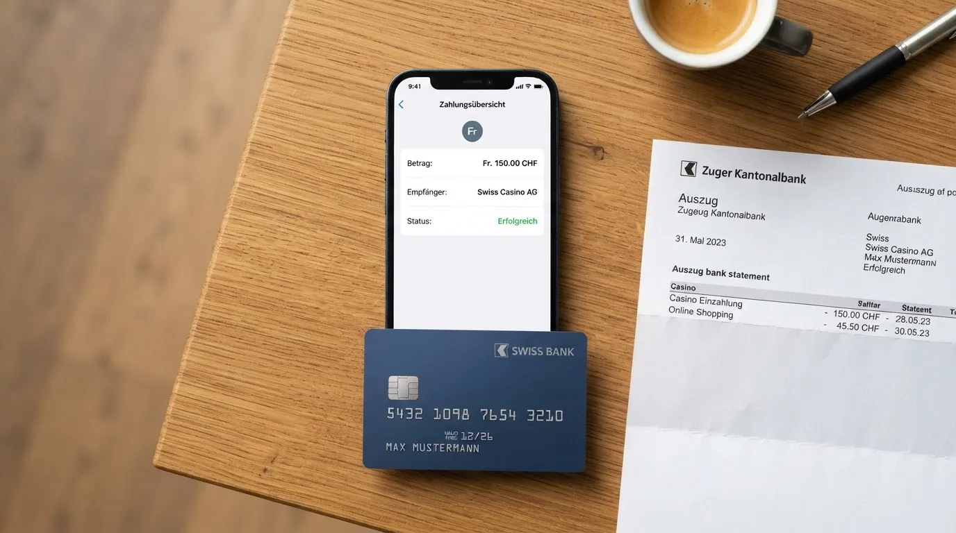 Smartphone mit geöffneter TWINT-App neben einer Kreditkarte und einem Schweizer Bankkontoauszug