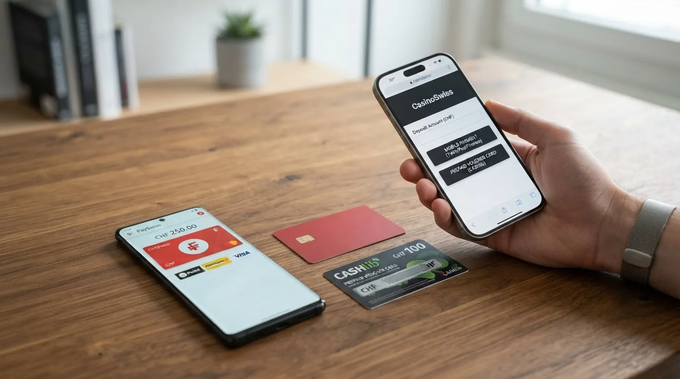 Schweizer Smartphone mit TWINT-App geöffnet neben einer Paysafecard und einer Schweizer Bankkarte