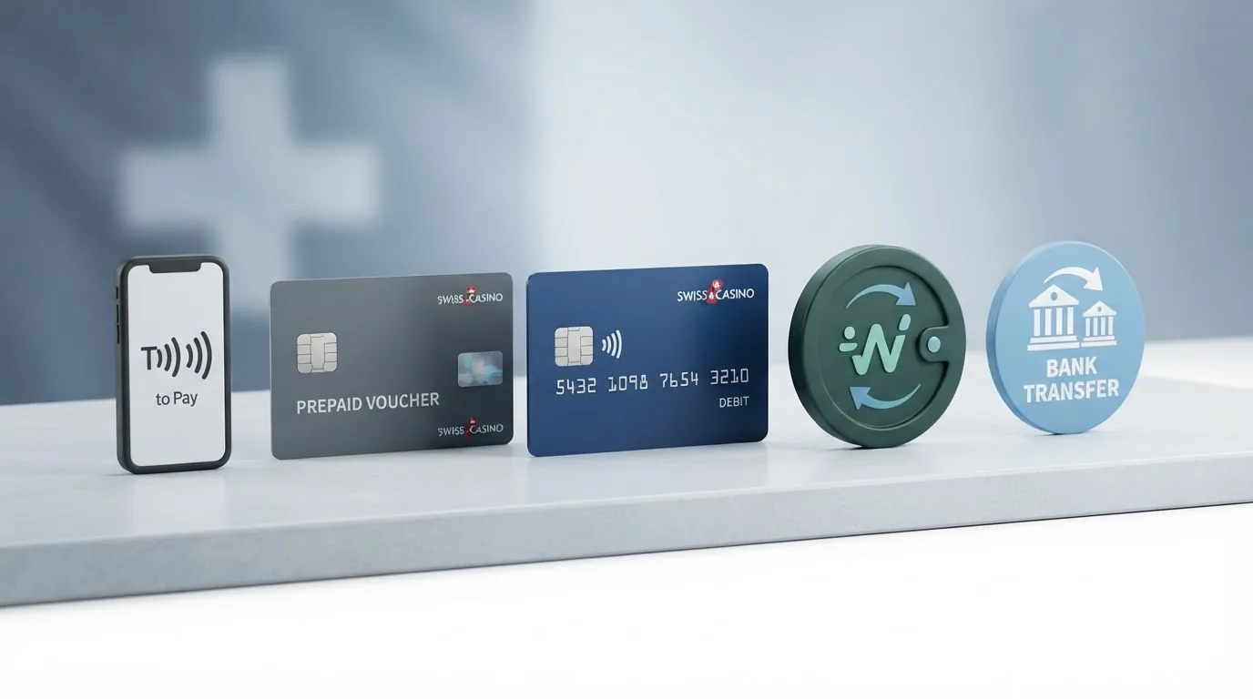 Übersicht der Zahlungsmethoden: TWINT-Logo, Kreditkarten, Paysafecard-Karte, PostFinance-Logo und Banküberweisung nebeneinander