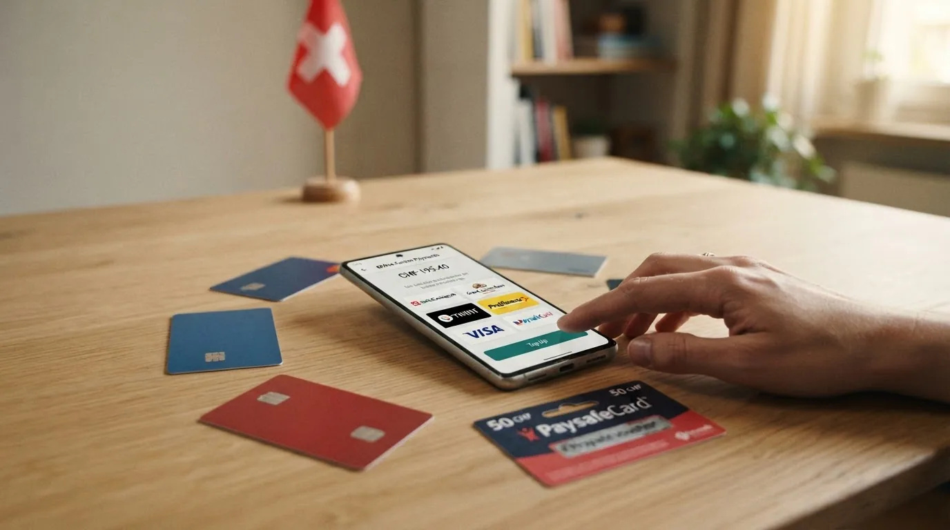 TWINT-Logo, Kreditkarten und ein Smartphone mit einer Zahlungs-App vor Schweizer Flagge