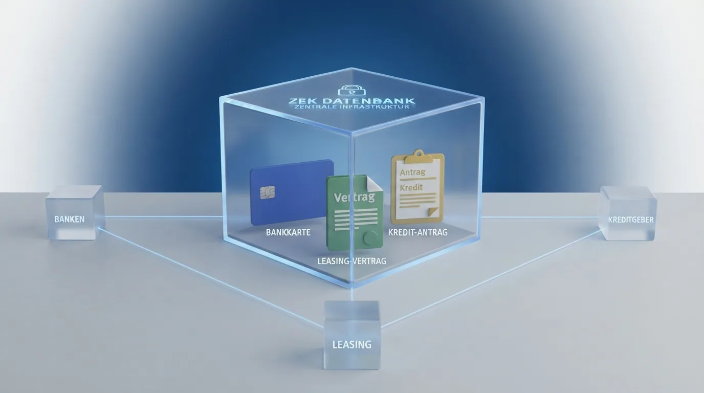 Schematische Darstellung der ZEK-Datenbank mit Symbolen für Kreditkarten, Leasingverträge und Kreditanträge