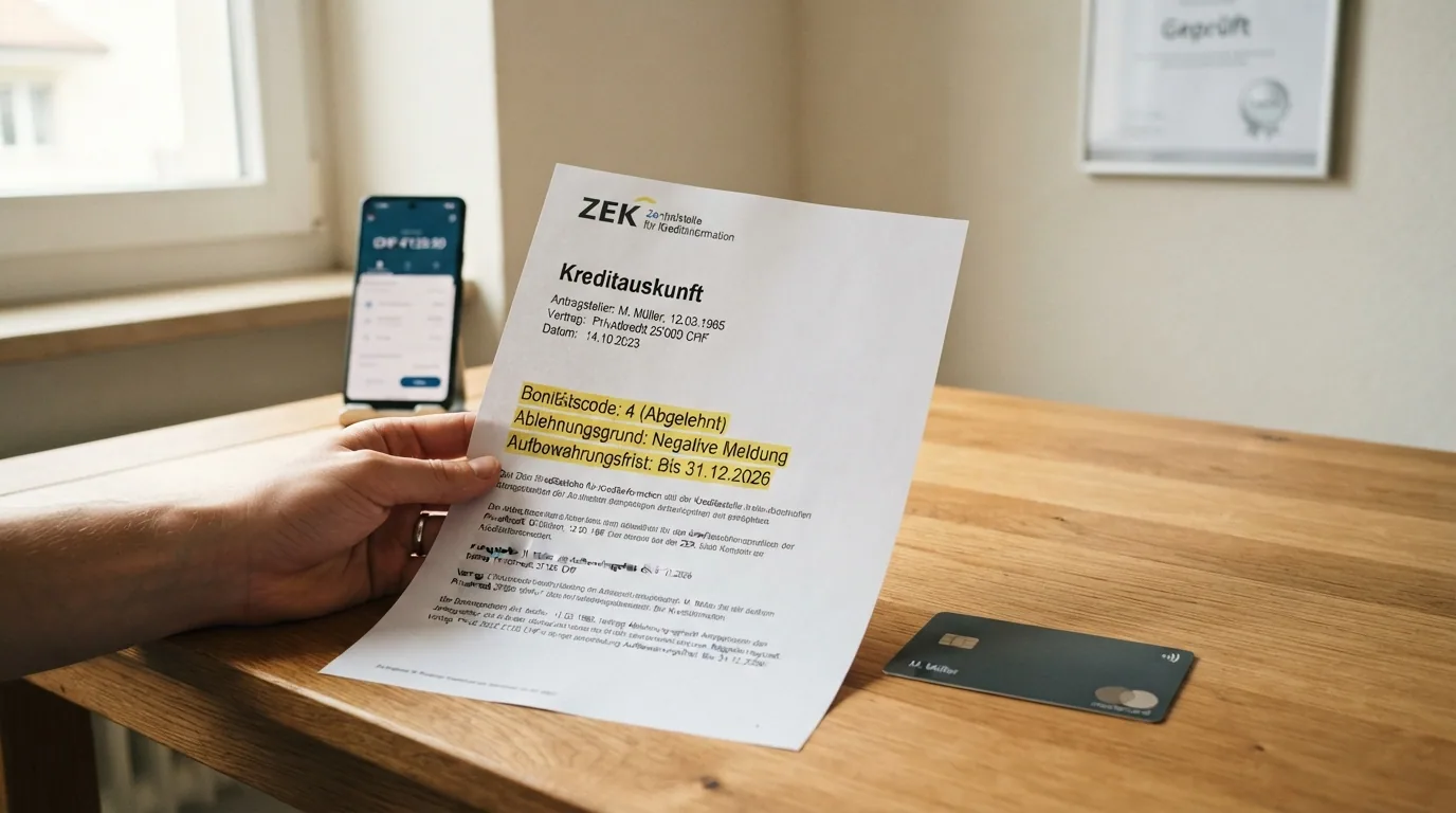 Nahaufnahme eines ZEK-Dokument-Auszugs mit Markierungen bei Kreditcodes und Aufbewahrungsfristen